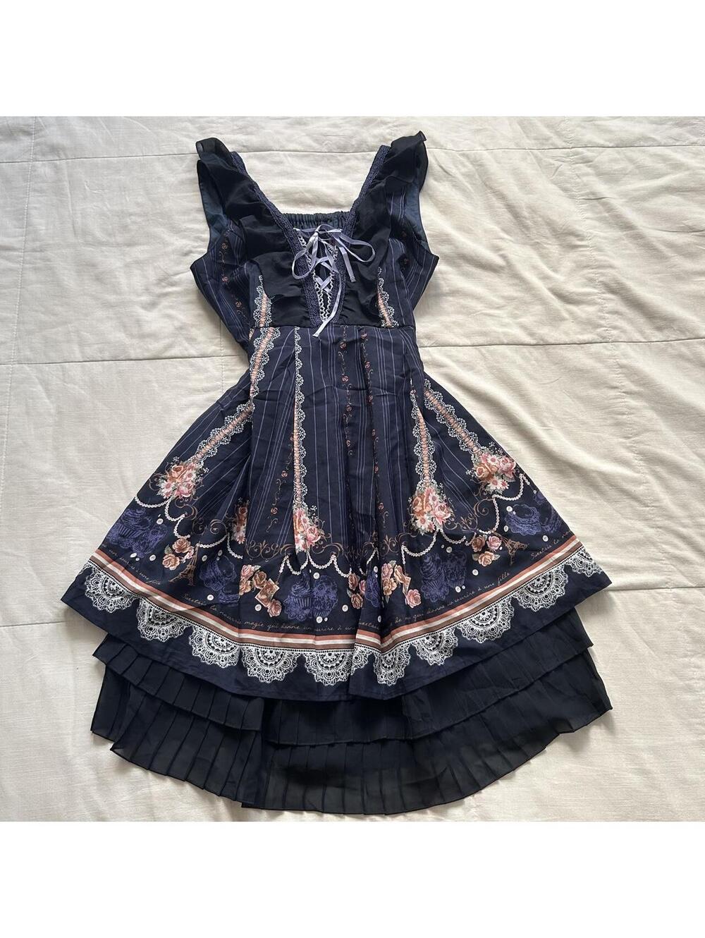 Axes Femme Navy Floral Corset Lace Up Tiered Dress Medium Japan